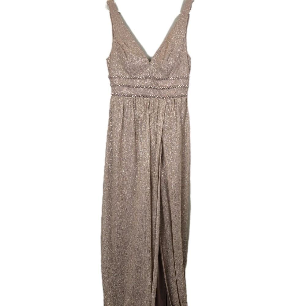 City Triangles Metallic ALine Gown with Beaded Waist Bands Blush PROM WEDDING 13 - Picture 2 of 12